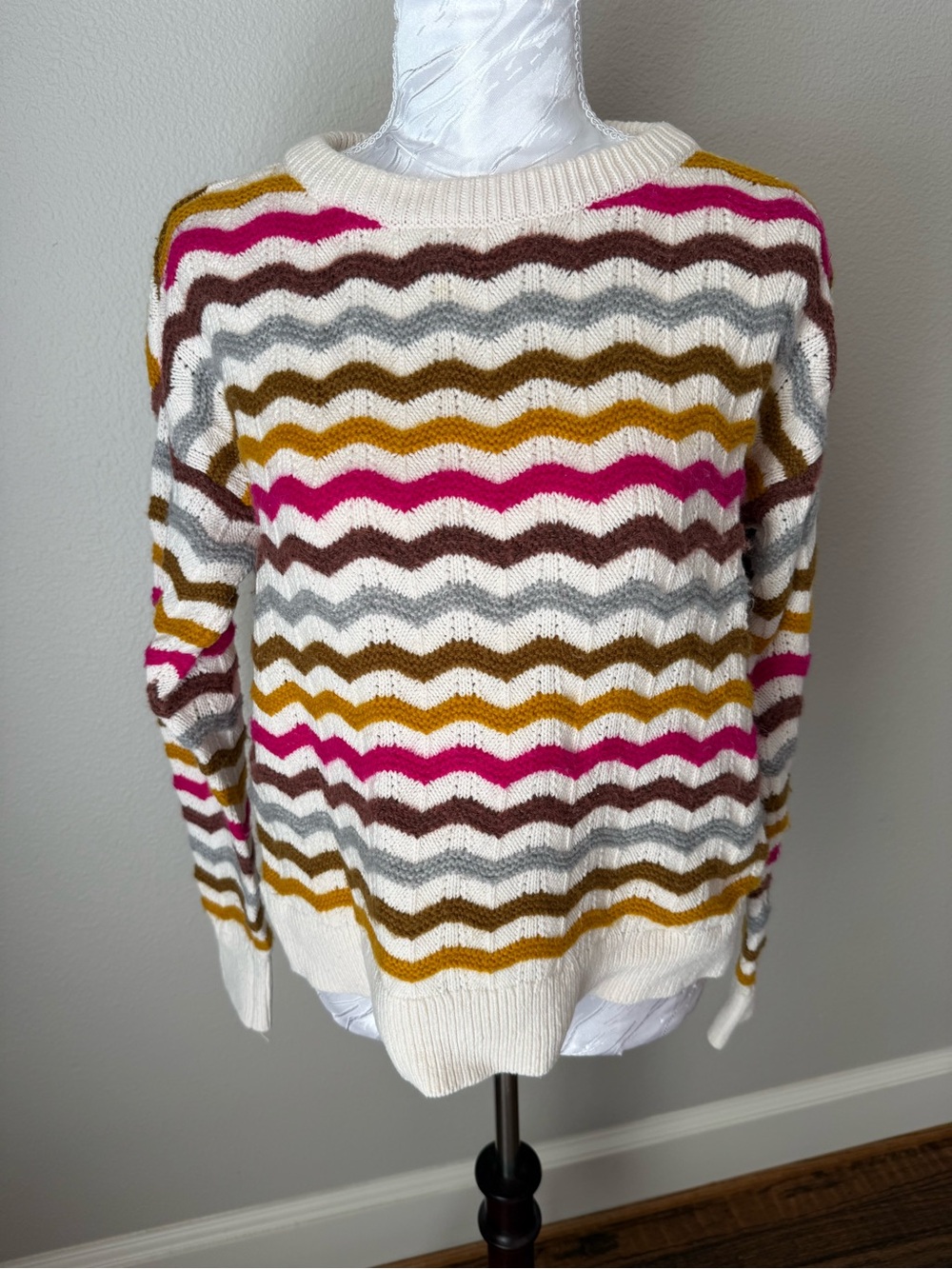Lou & Grey White Chevron Stripe Crewneck Sweater with Mustard, Brown & Pink
